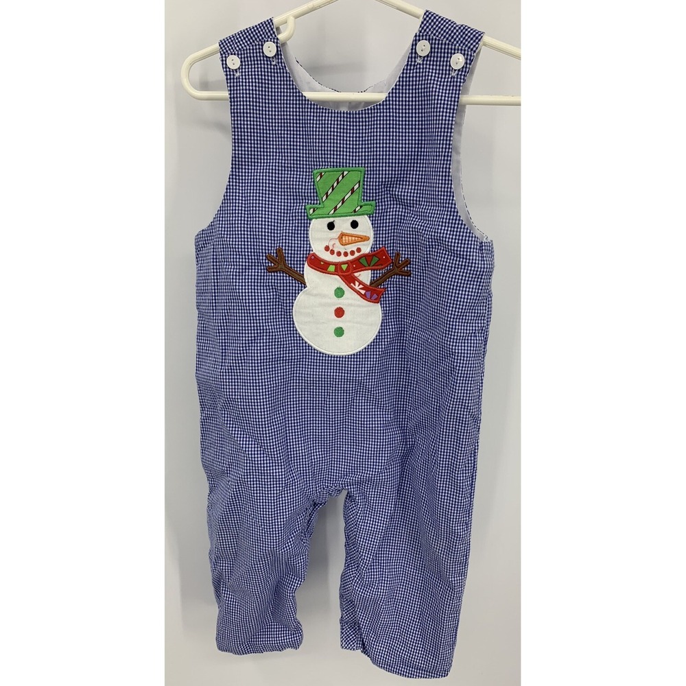 Petite Palace Gingham One Piece Overalls Outfit Appliqué Snowman 12 Months